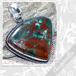 Chrysocolla Large Silver Artisan Pendant, 1.7” (Teal Blue-Green, Rust Brown)